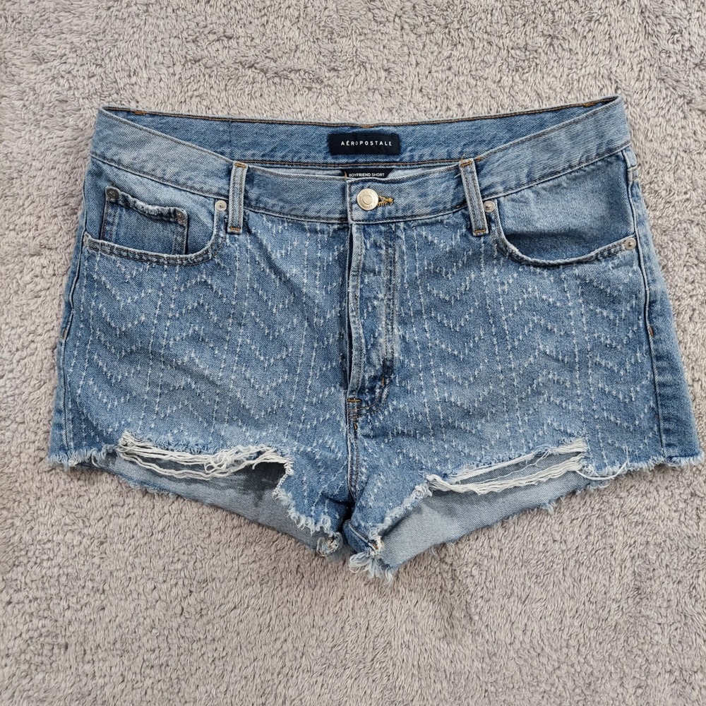 Aero Women's Boyfriend‎ Jean Shorts Size 16 High Rise Blue Distressed Cut Off